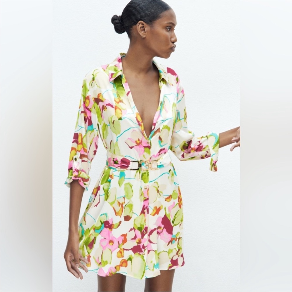 NWT Zara Multicolor Floral Shirt Dress XS